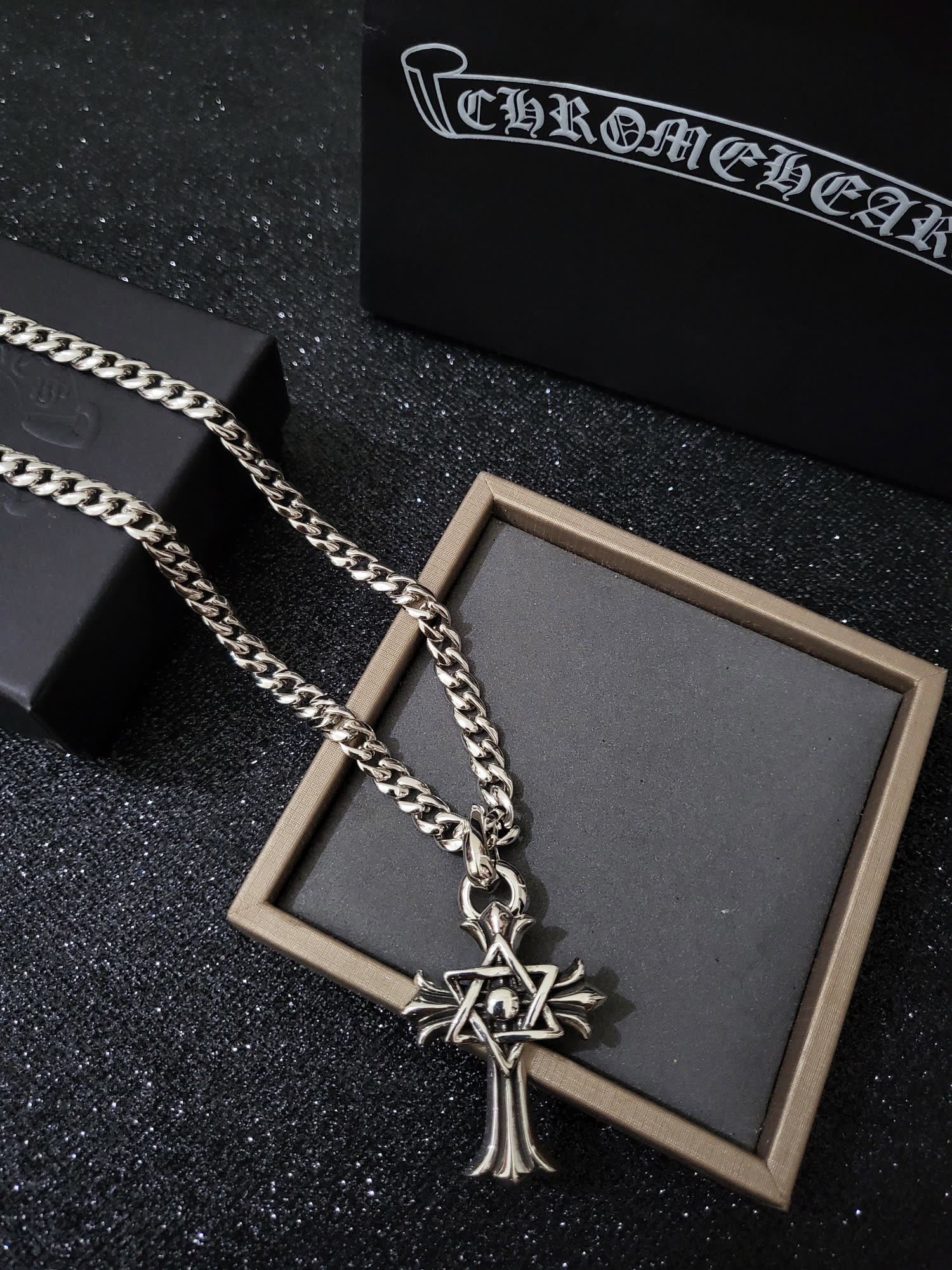 Chrome Hearts Silver Cross Pendant with Star of David